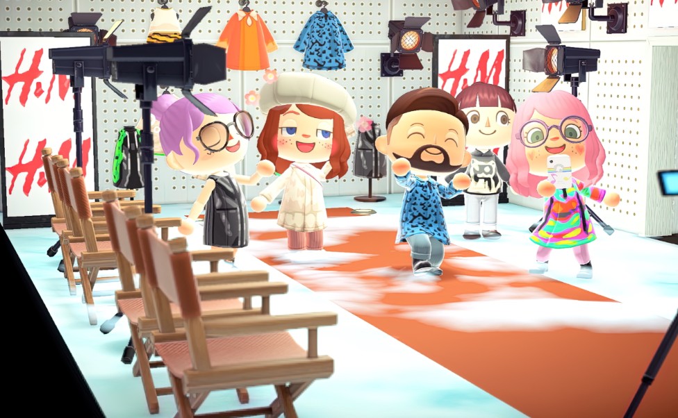 Catwalk show in Animal Crossing featuring H&M vegan collection recreated for the virtual world.